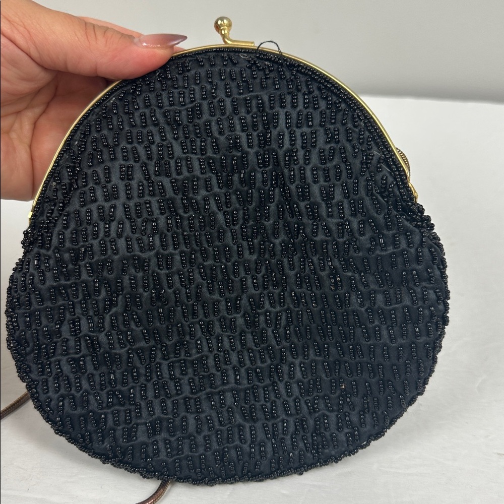 Vintage Black Silk Beaded Kiss Lock Clutch Purse - Picture 5 of 12